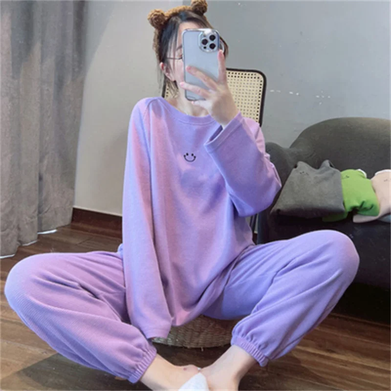 Autumn Pajamas Set O-Neck Sleepwear For Women Elastic Simple Pyjama Women's Fashion Soft Homewear Clothes Big Size