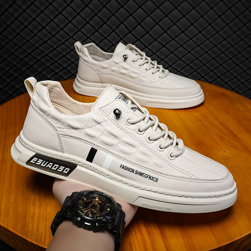 

New Men Shoes Leather Casual Footwear Trend Crocodile Print Sneakers All Match White Slip-on Loafers