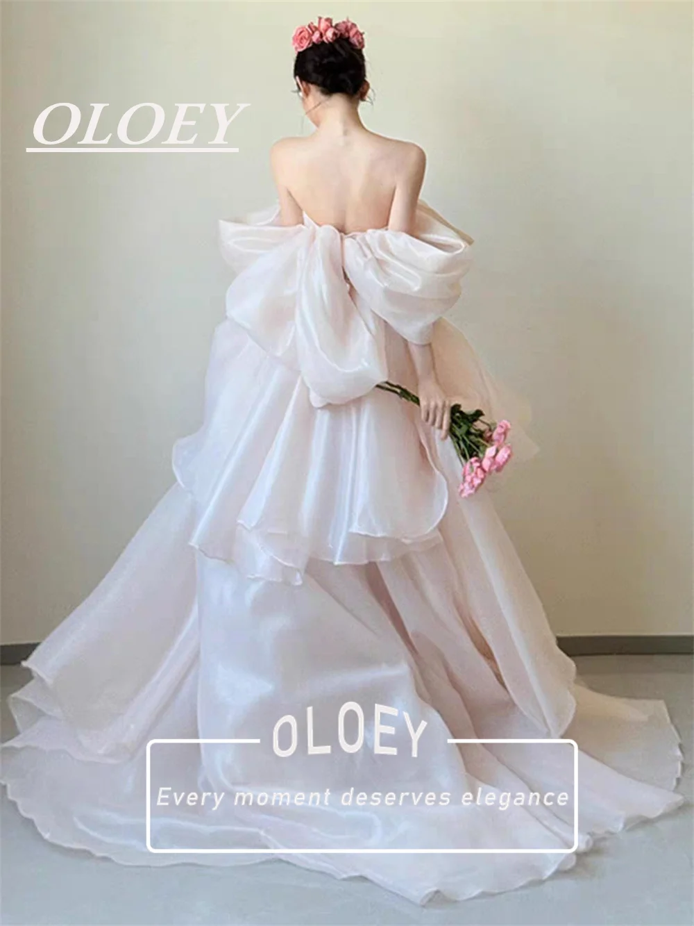 Фото OLOEY Fairy Baby Розовое вечернее платье трапециевидной формы для выпускного вечера с открытыми плечами из шелковистой органзы Корейское вечернее платье для свадебной фотосессии №5