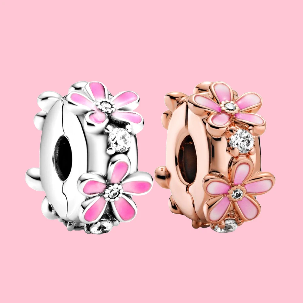 Pandora – boucle fixe antidérapante en argent 925, marguerite rose, pour la fabrication de bijoux à la mode, bricolage comme cadeau pour femmes