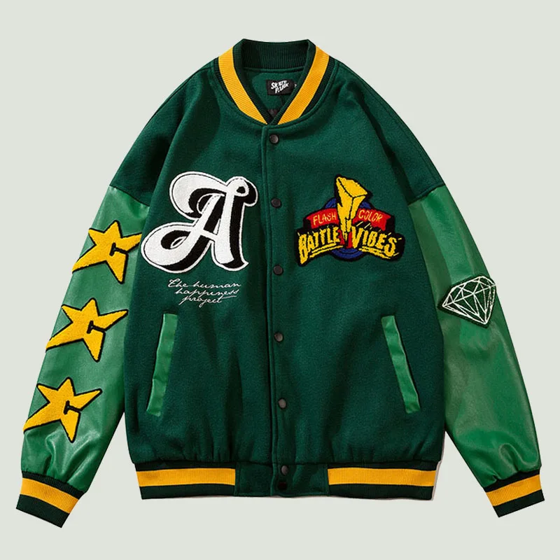 

Hip Hop Oversized Baseball Jacket Mens Furry Letter Embroidery PU Leather Sleeve Winter Streetwear Bomber Varsity Jackets Unisex