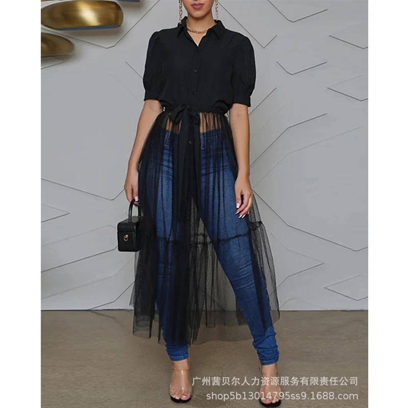 

Mandylandy Women Elegant Autumn Mesh Patchwork Shirt Dress Fashion Casual Short Sleeve Turn Down Collar Button Long Dress