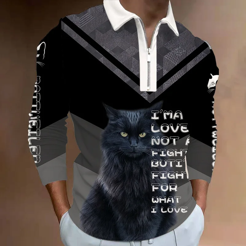

S-5XL Men's Casual Autumn Long Sleeve Polo Shirts Men Male Zip Tee Shirt Cat Dog Men Tops Street Golf Clothing Clothes For Men