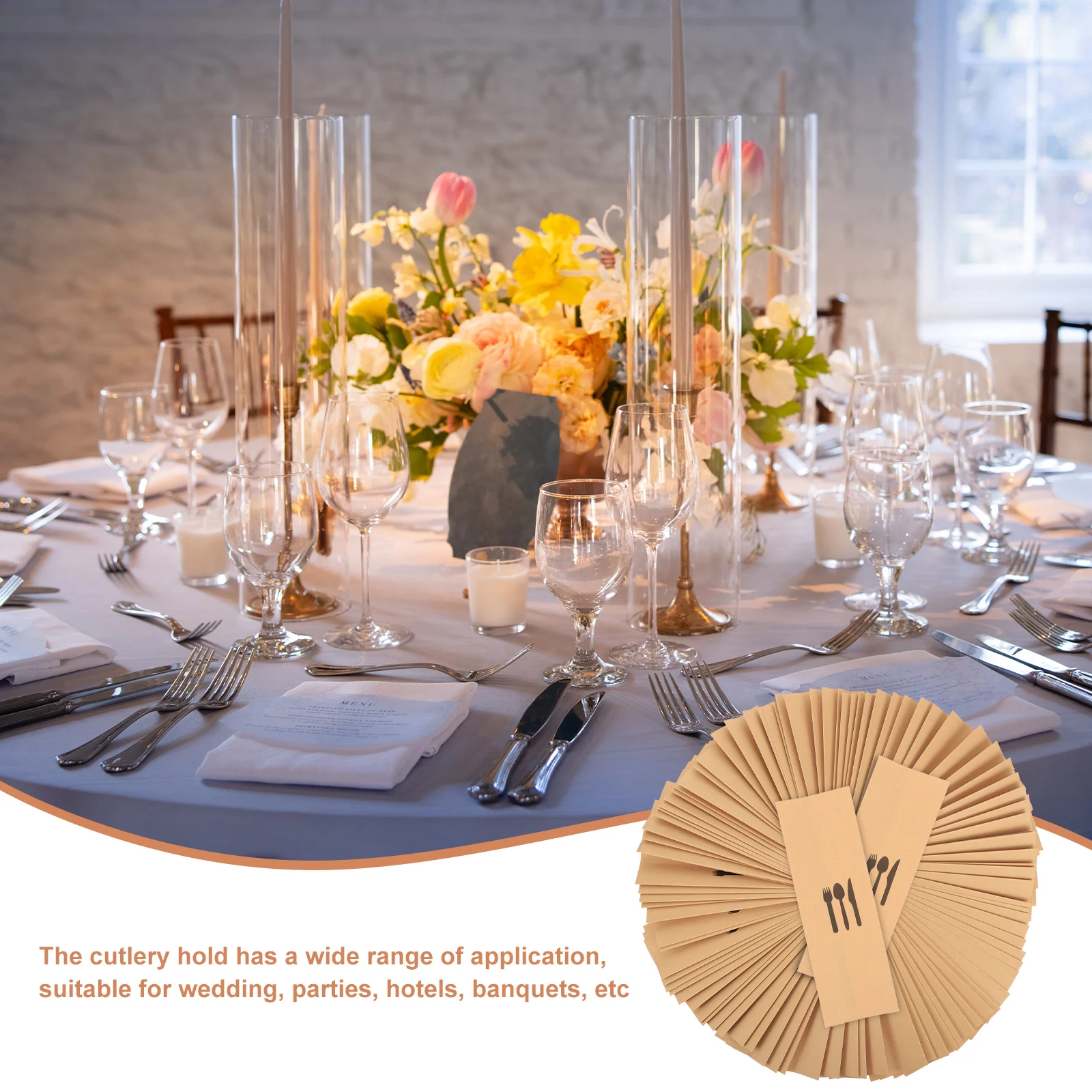 100pcs Kraft Paper Cutlery Set Disposable Fork Cover Rack Hotel Bags Tableware Utensil Dinner Party