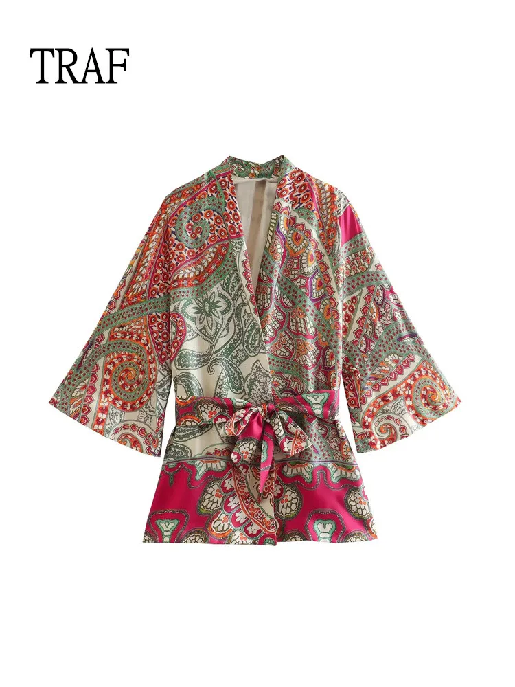 

Женское кимоно с винтажным принтом, с поясом и бантом