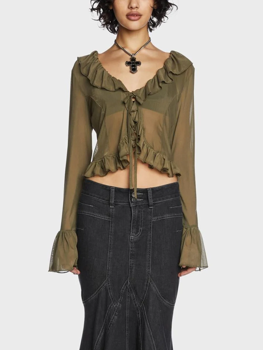 

Summer Vintage Y2K Women Ruffled Crop Top Mesh See-through Long Sleeve LaceBlouse Fairy Grunge Cover Up Korean Streetwear