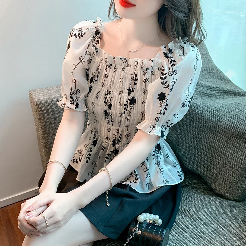 

COIGARSAM Blouse Women Summer 2022 New Short Sleeve High Waist Blusas Womens Tops And Blouses Dropshipping