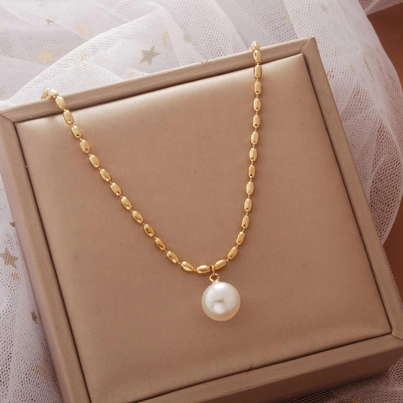 Женская классическая цепочка из титановой стали кулон с искусственным жемчугом