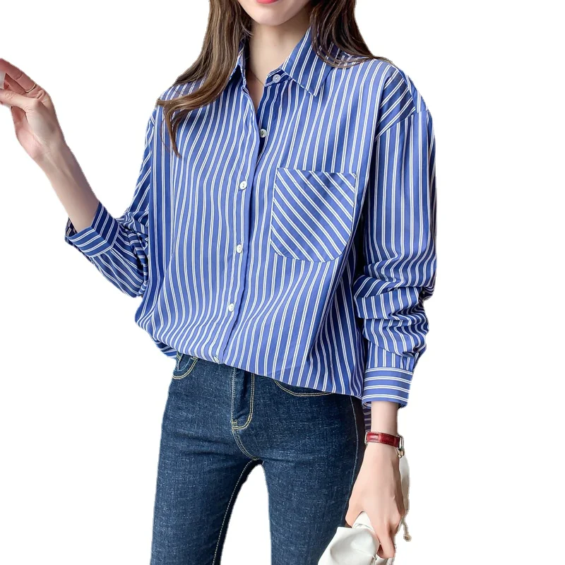 

Women's Shirts Spring-Autumn Blue Vertical Striped Top Wild Long Sleeve Lapel Big Pocket Out Wear Pure cotton Ladies Blousers