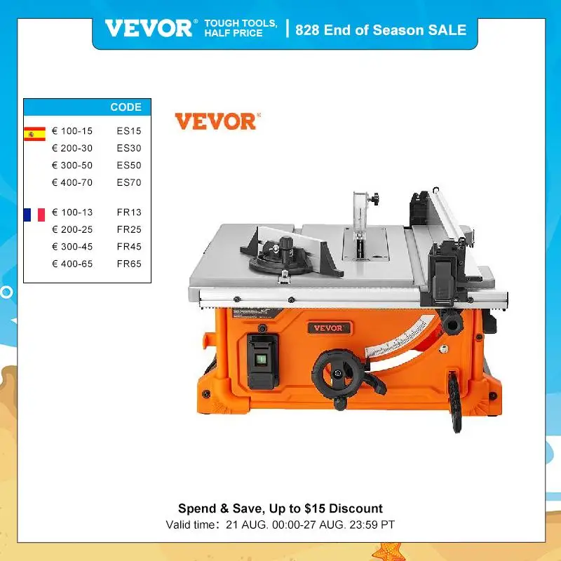 VEVOR 254mm 10inch Table Saw Electric Woodworking Cutting Machine with Dust Port 25in Rip Capacity for DIY Wood Plastics Cutting