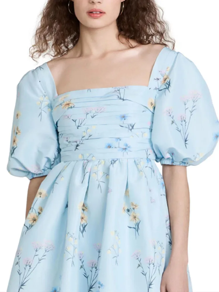 

Women Floral Printed Puff Sleeve Square Collar Pleated Zipper Sweet Spring Summer Mini Dress