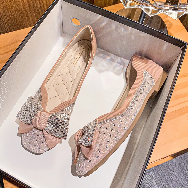 Square Toe Flats Shoes for Women's 2023 New Bow Knot Rhinestone Soft Sole Loafers Large Size Zapatos De Mujer Lolita Shoes