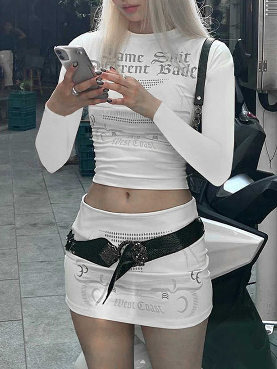 

Women 2 Pieces Skirt Set Y2K Punk Letter Print Crew Neck Long Sleeve T-Shirts Short Tops Mini Skirts Fall Summer Clothes Set