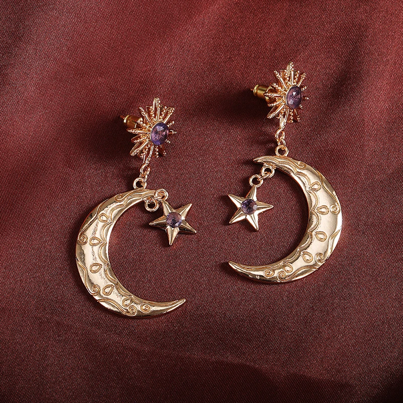 

New Trendy Golden Moon Star Drop Earrings For Women Shine Purple CZ Stone Inlay Fashion Jewelry Party Gift Accessories Earring