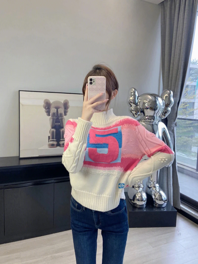 

High Neck Digital Contrast Printing Knitwear Women's Autumn and Winter 2022 New Leisure Fashion Versatile Top Sweater