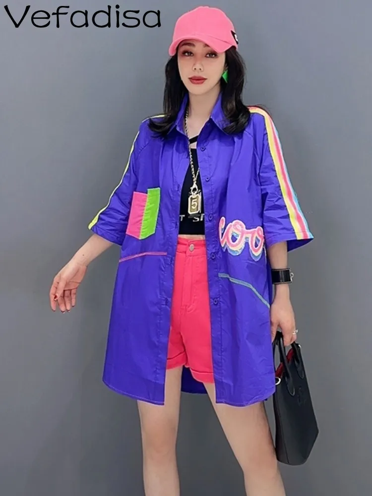 

Vefadisa 2023 Spring Summer New POLO Collar Single Piece Shirt Casual Versatile Women Wear Trendy Girl Black Purple Shirt ZY550