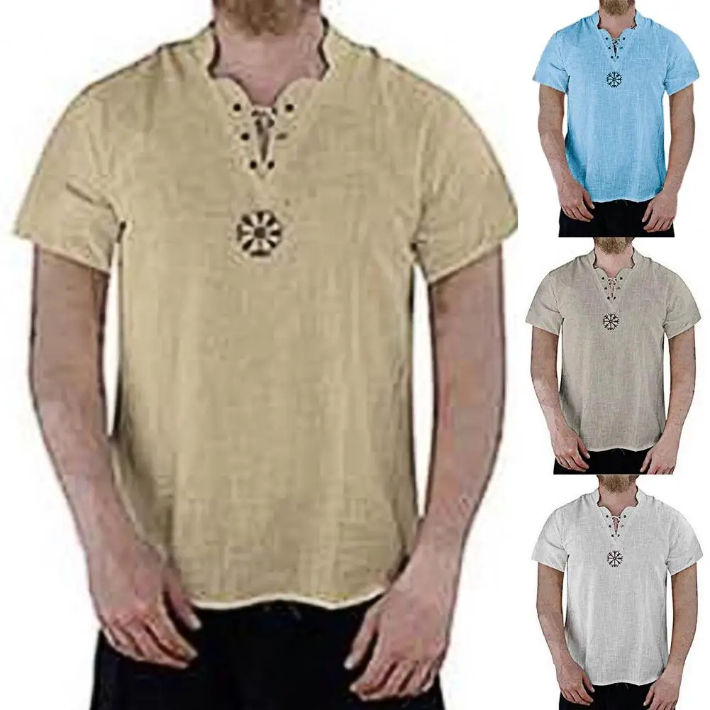 

Simple Lace Up Stand Collar T-shirt Top Embroidery Men Short Sleeve Sweat-absorbing Breathable Loose Top For Daily Wear