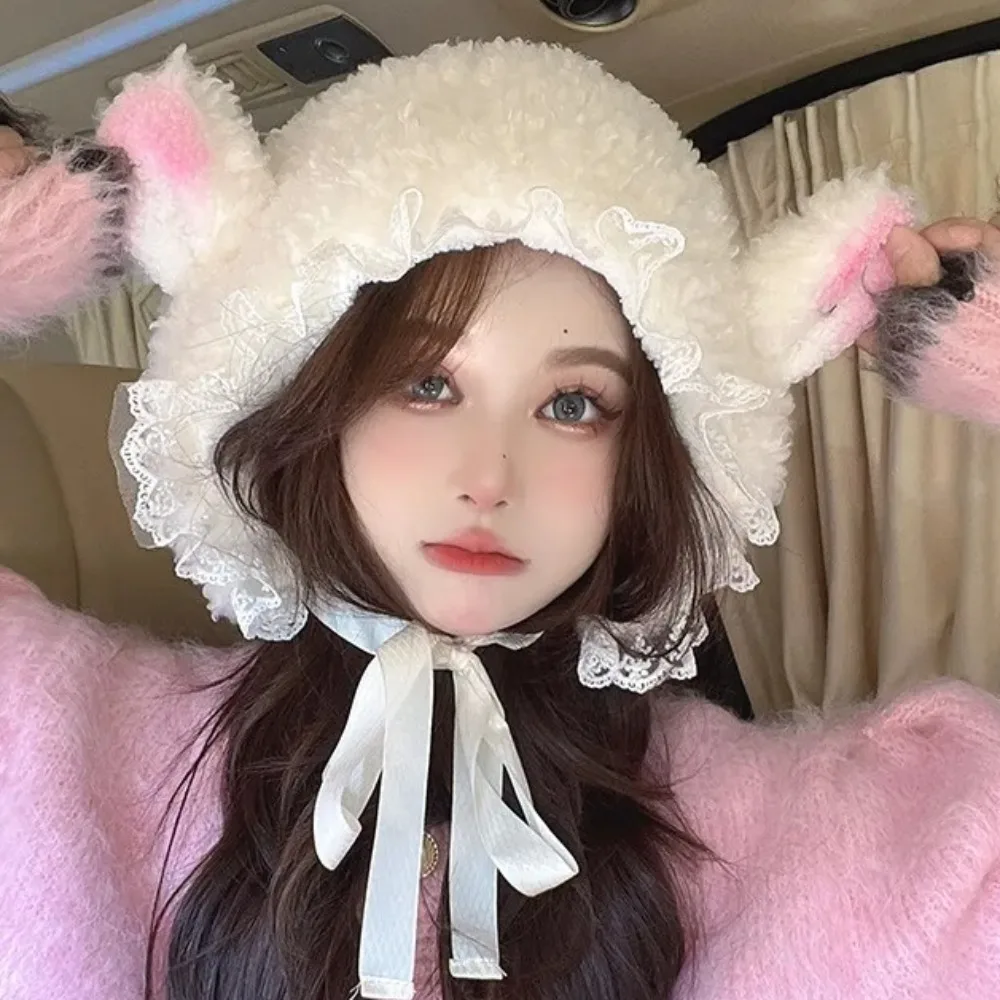 

Fluffy Costume Hats Christmas Gift Warm Soft Lovely Lamb Cosplay Bucket Hat Winter Outdoor Keep Warm Cute Ears Skullies