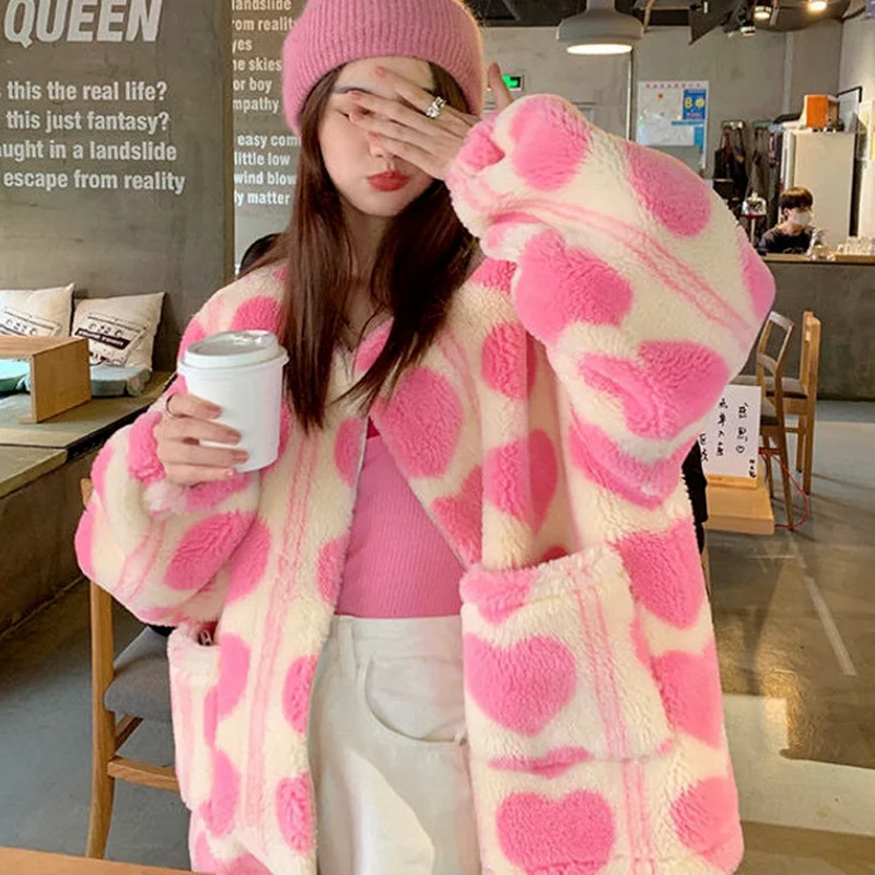 Pink Heart Teddy Faux Fur Jackets Women Outerwear Female Overcoat Winter Coats Japanese Korean Fashion Kawaii Lambswool Coats