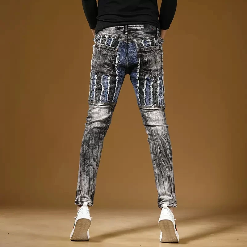 Black Blue Patchwork Jeans Men Autumn Casual Slim Fit Pencil Pants Streetwear Fashion Cotton Stretch Denim Trousers CP2018