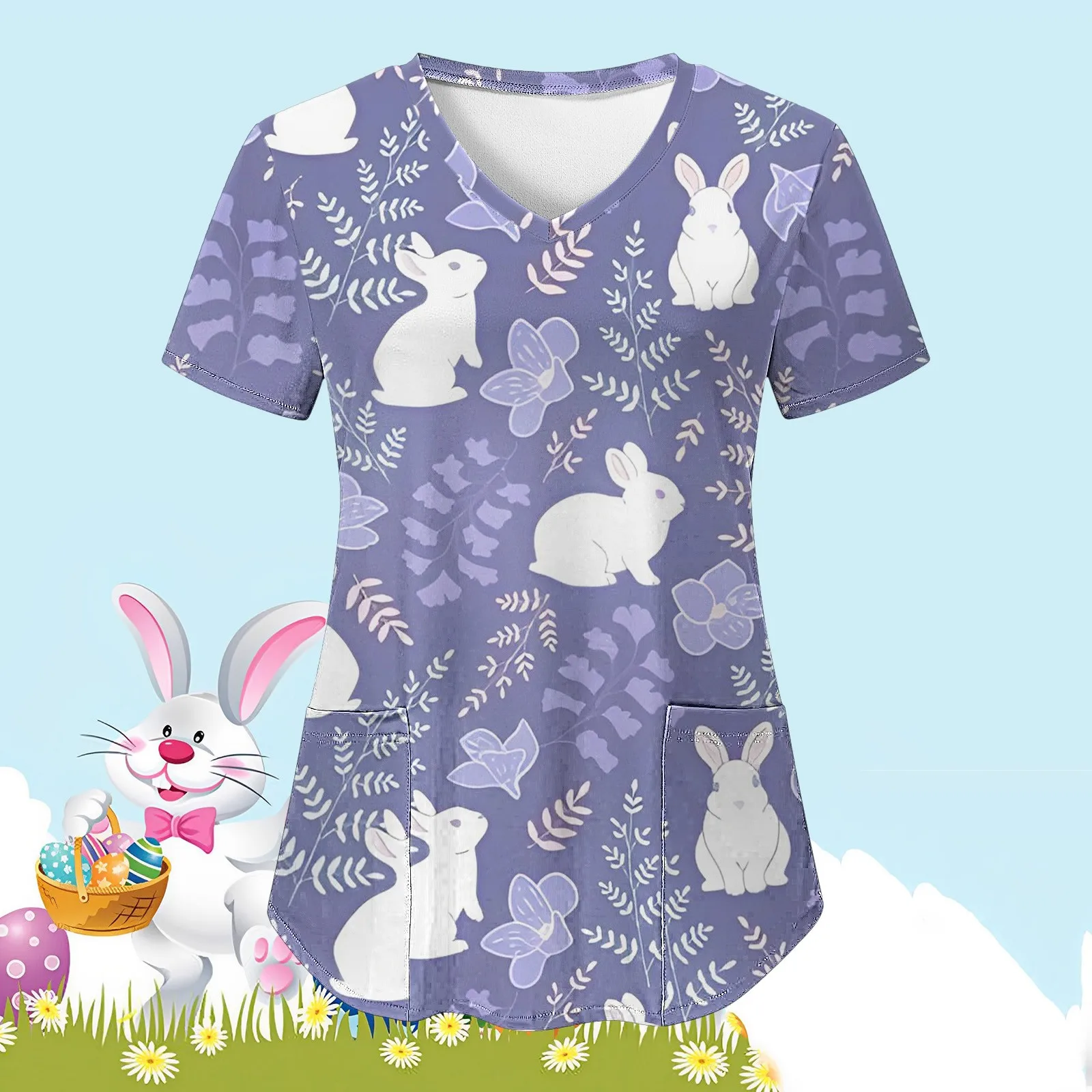 

Women Casual Easter Bunny V Neck Print Short Sleeve Pocket Loose Top Carer Suit Womens Long Sleeved Tee Shirt T Shirt