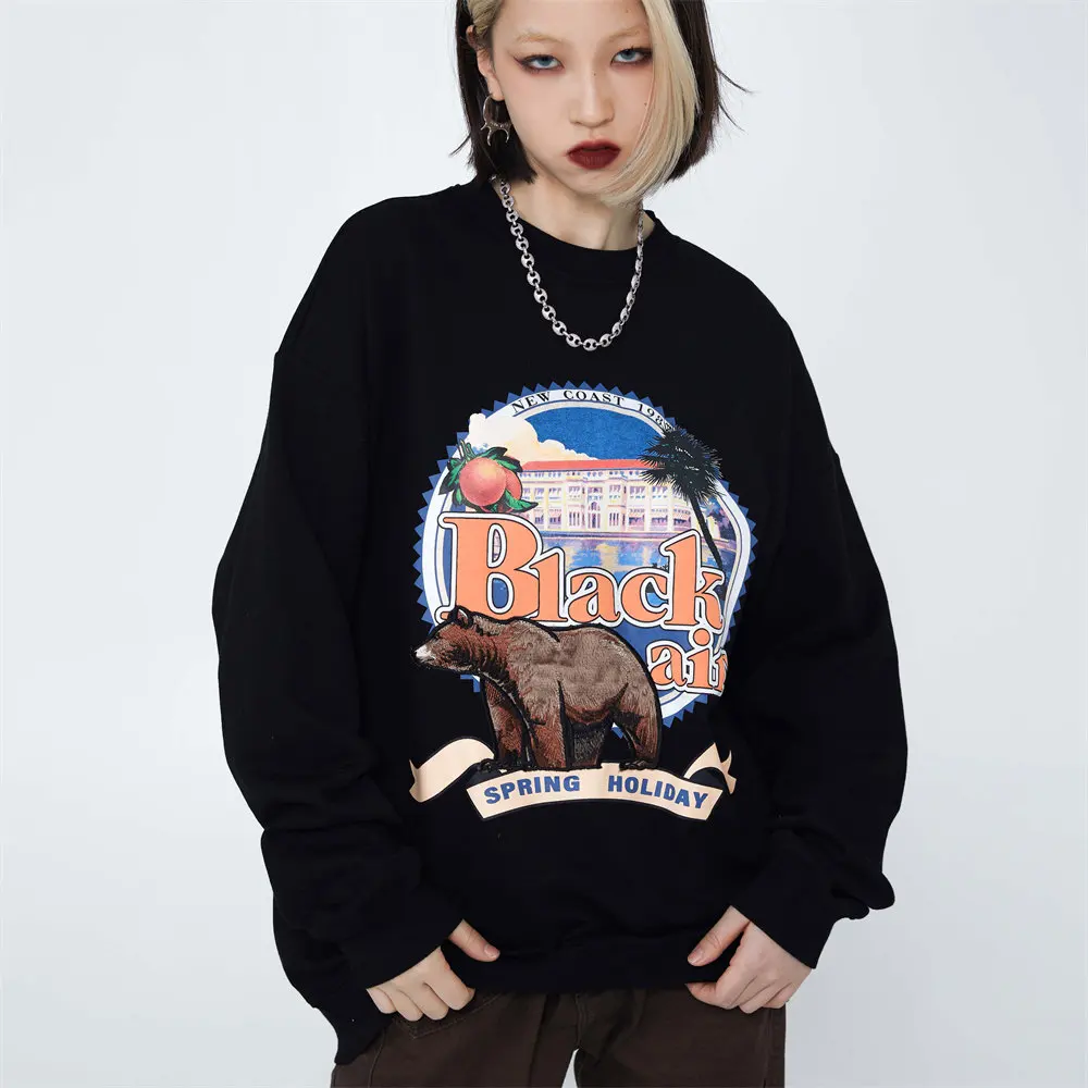 

Woman Clothes Sweatshirts Furry Bear Embroidery Terry Cotton Oversized Top Streetwear Harajuku Casual Pullover Women Sweetshirts