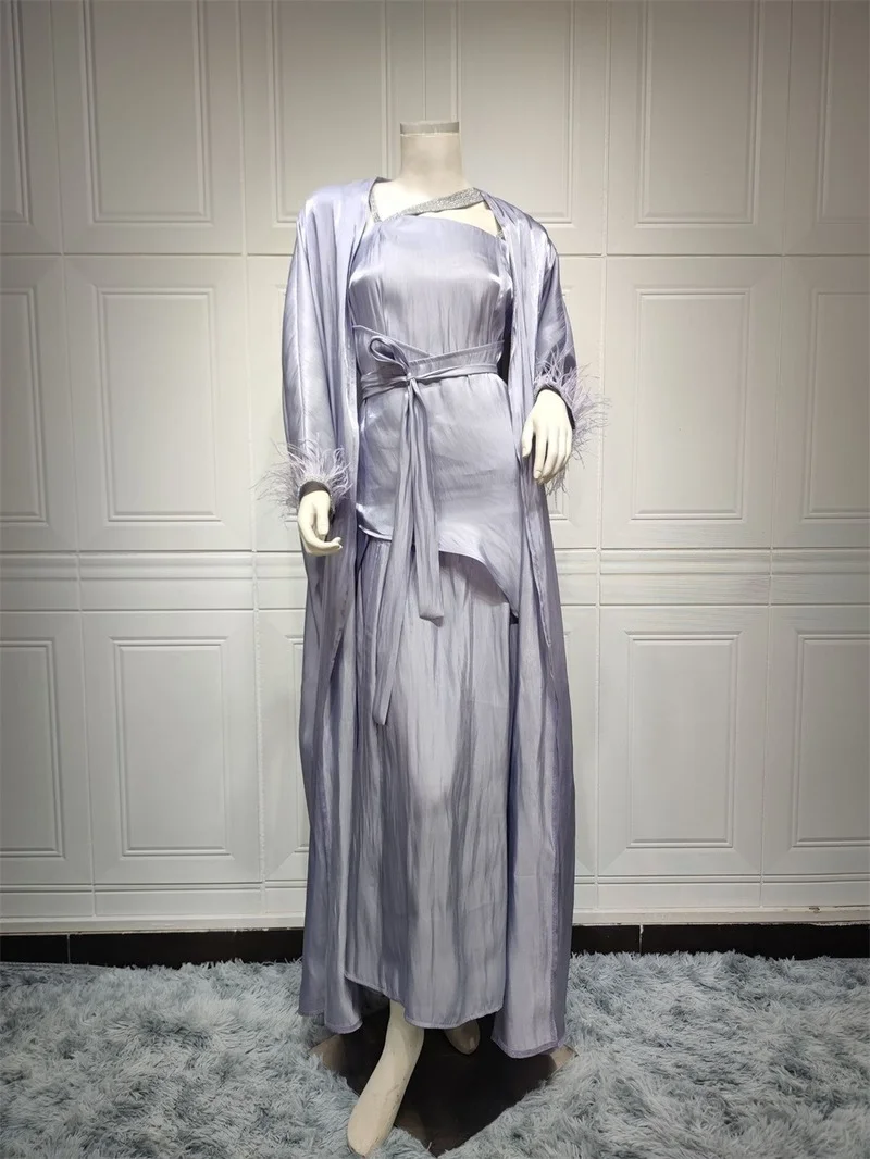 Women Muslim Sets Rhinestone Feather Sleeve Silk Satin Solid Color Open Front Outerwear Abaya Turkish Dress 3pcs Arabic Clothes