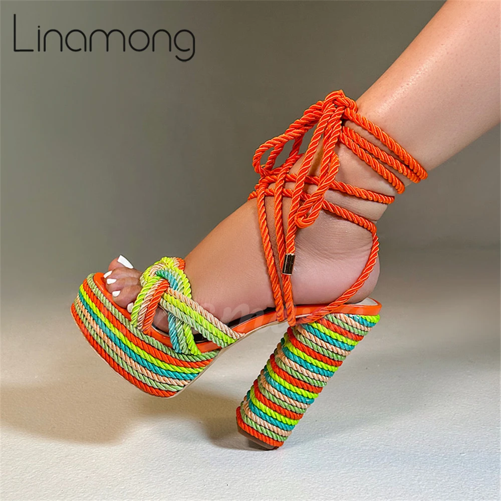 

Multicolor Rope Sandals Rainbow Colors Handmade Braided Espadrilles Luxurious Design Ankle Strap Sandals Platform Summer Sandals