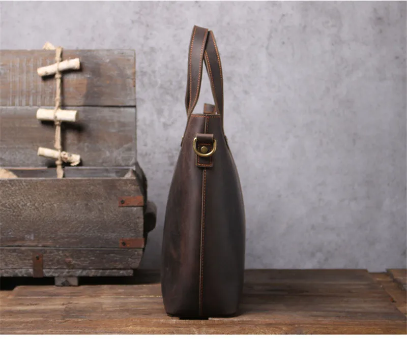 Simple vintage natural genuine leather men's large capacity briefcase crazy horse cowhide handbag laptop shoulder messenger bags