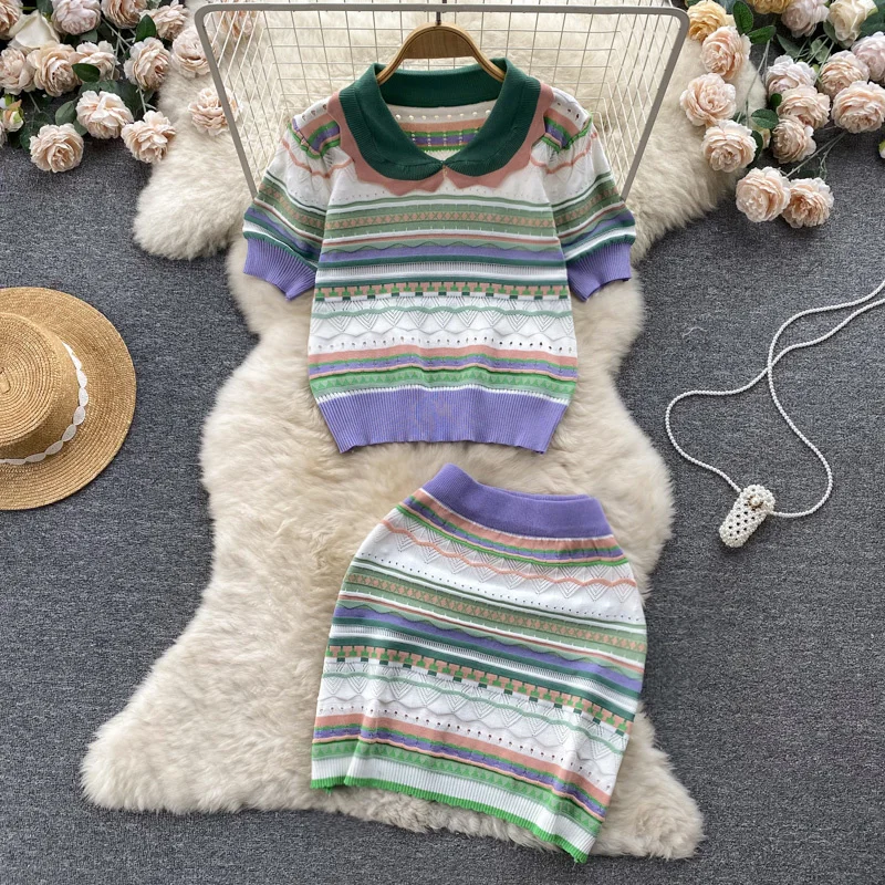 

Женский трикотажный костюм в полоску, пуловер с коротким рукавом и мини-юбка с поясом на резинке, повседневный Трикотажный костюм Y2K, лето