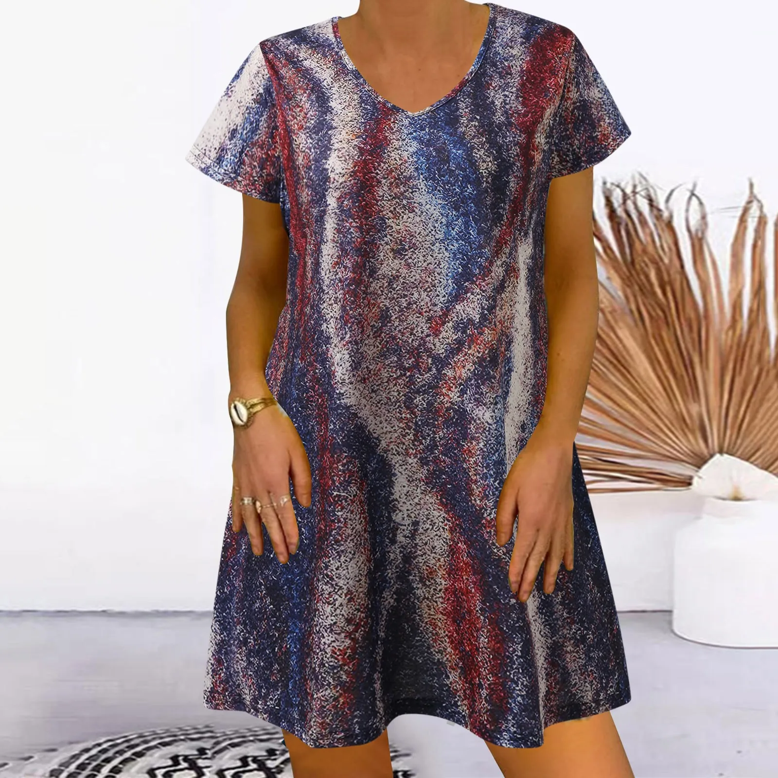 

Dresses For Women Fashion Print V Neck Short Sleeve Splice Loose Dress Holiday Dress