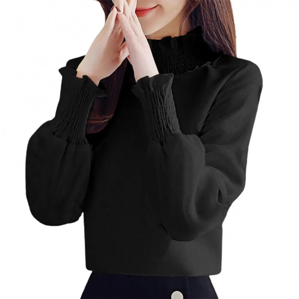 

2023 Women Blouses Fashion Autumn Solid Color Polyester Long Sleeve Turtle Neck Elegant Blouse Top Female Clothing