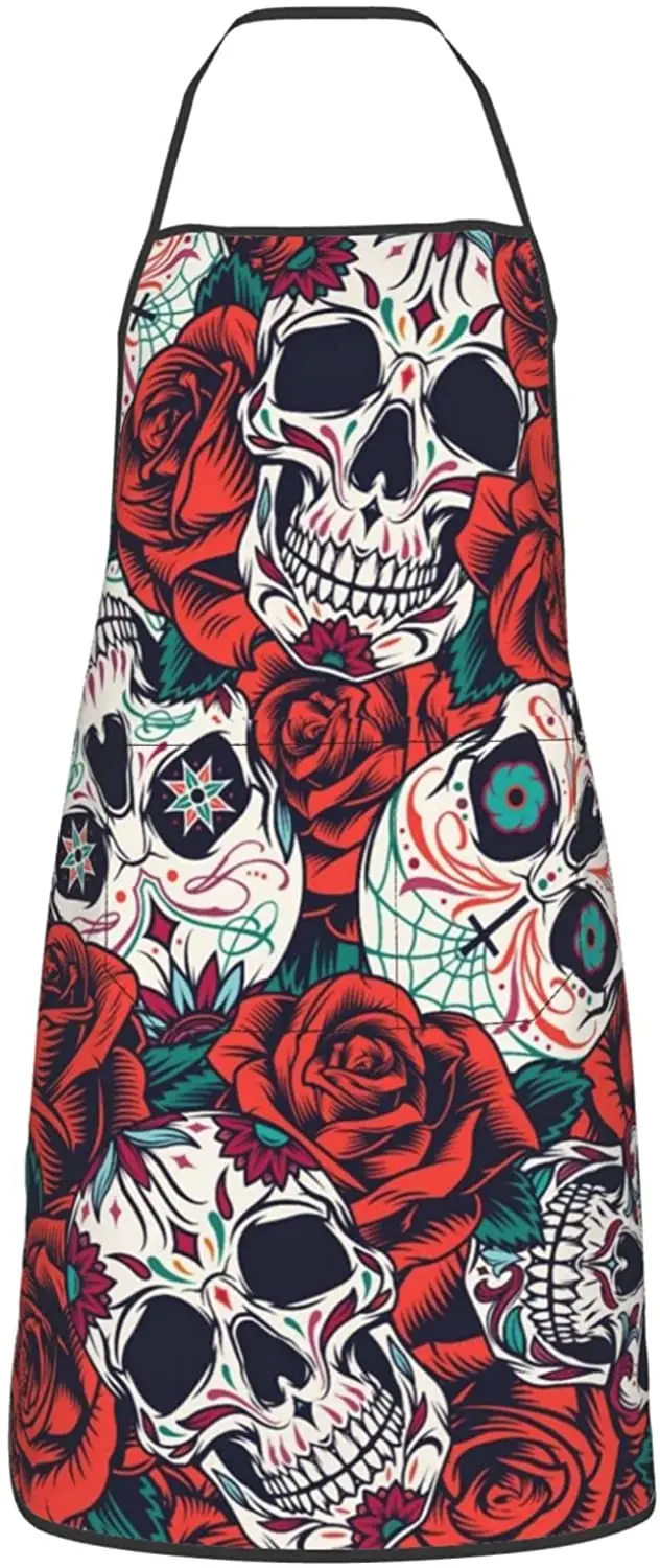 

Фартук с рисунком сахарных черепов и красных роз, Кухонные фартуки для приготовления пищи, водонепроницаемый нагрудник с 2 карманами, Кухон...