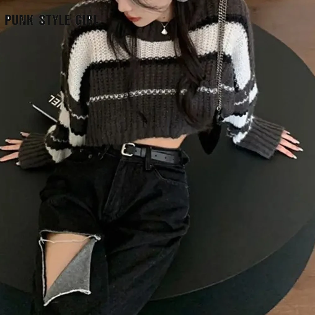 Женский укороченный свитер в стиле хиппи Харадзюку уличная одежда полоску