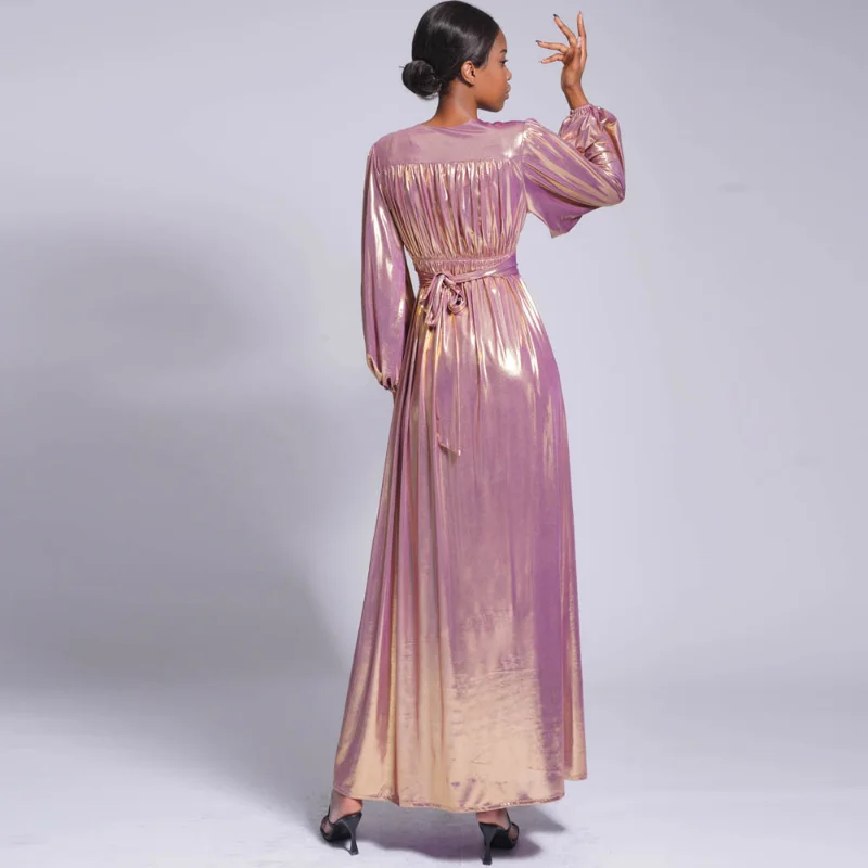 Muslim Fashion Women's Solid Large Lantern Sleeve Dress Shiny Elastic Lace Up Long Dress Abaya Dubai Robe Femme Musulmane Modest
