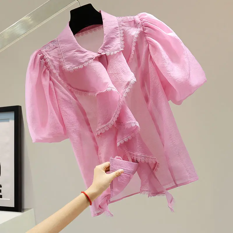 

VANOVICH Lace Short-sleeved Shirt 2022 Summer New Korean Style Ruffled Puff Sleeve Solid Color Oversized Temperament Chiffon Top