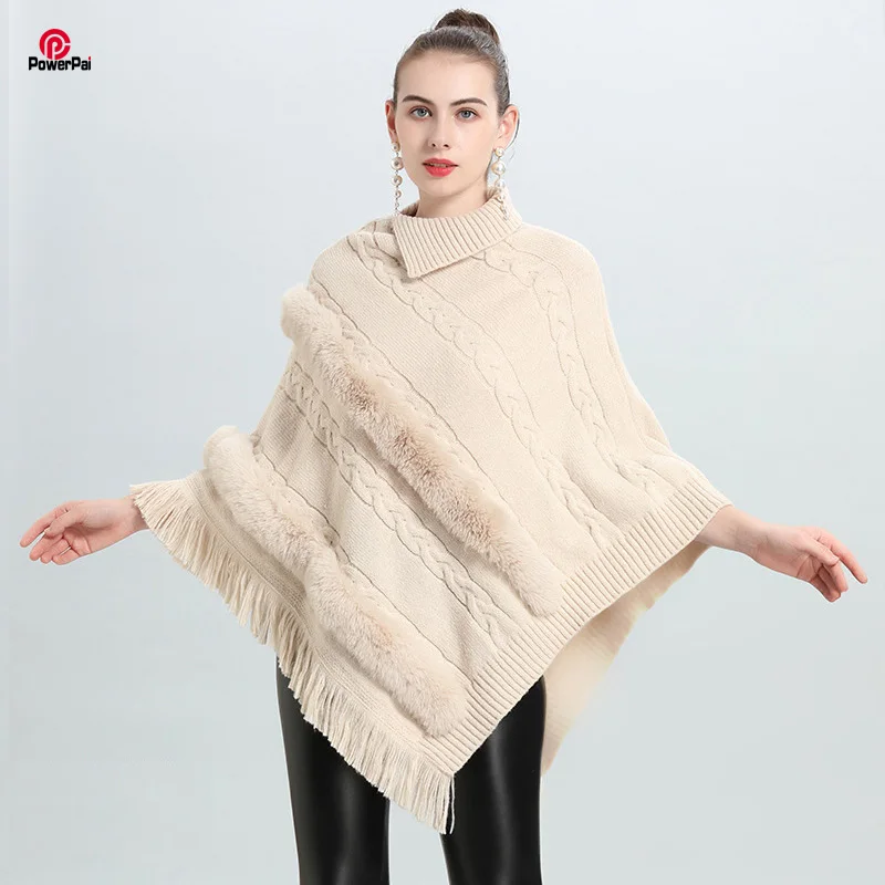 

Fashion Twist Knit Soft Faux Fur Stripes Pullover Poncho Women Autumn Winter Sweater Cape Tassels Novelty Irregular Coat Cloak