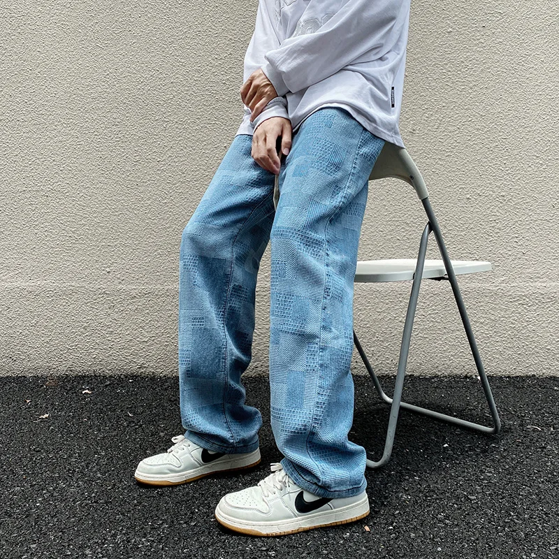 Blue Black Baggy Jeans Men Fashion Retro Plaid Jeans Mens Japanese Streetwear Fashion Hip Hop Loose Straight Denim Trousers Men
