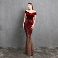 18511 classic one shoulder fishtail dress evening dress elegant banquet temperament velvet style queen