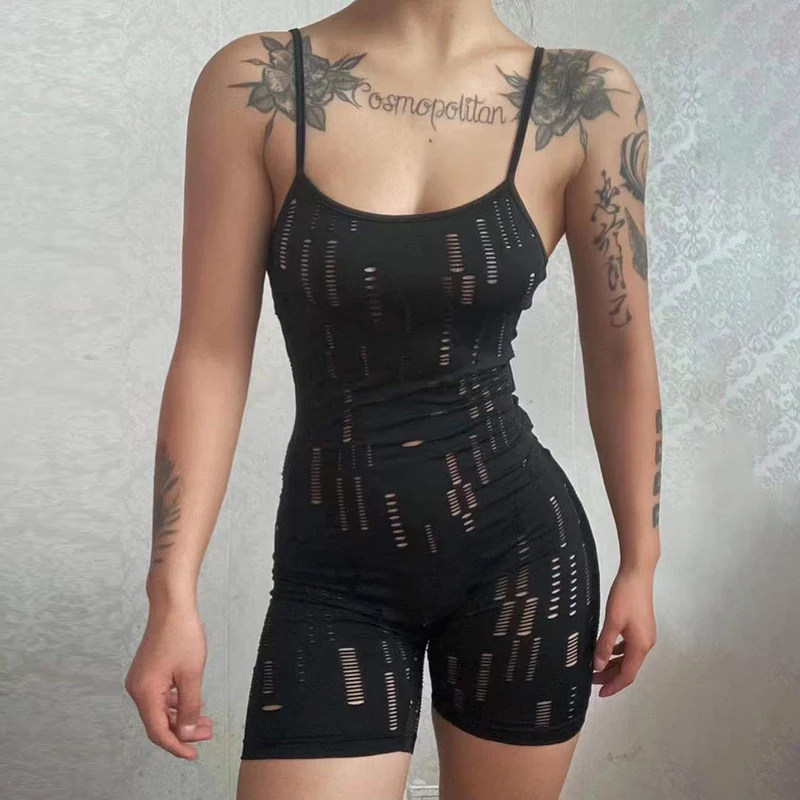 

2022 Summer New Solid Color Sexy Fashion Casual Hollow Low Cut Sling High Waist Bag Hip Tight Jumpsuit Women's Clothing