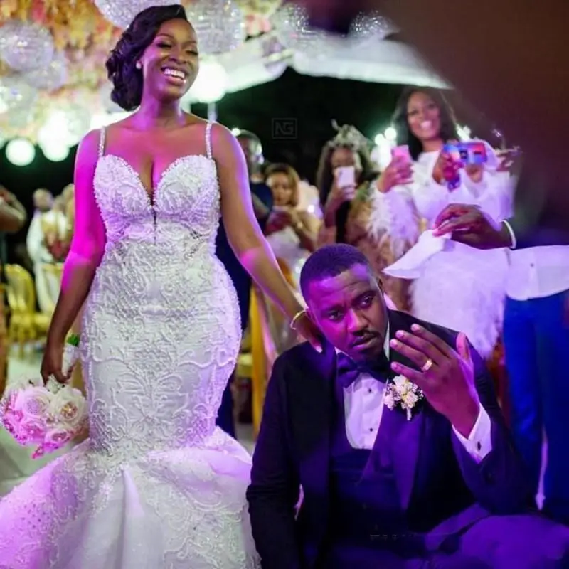 

New Plus Size Mermaid Wedding Dresses Spaghetti Lace Appliqued Pearls Beads Country Wedding Dress Custom Made Beach Bridal Gowns