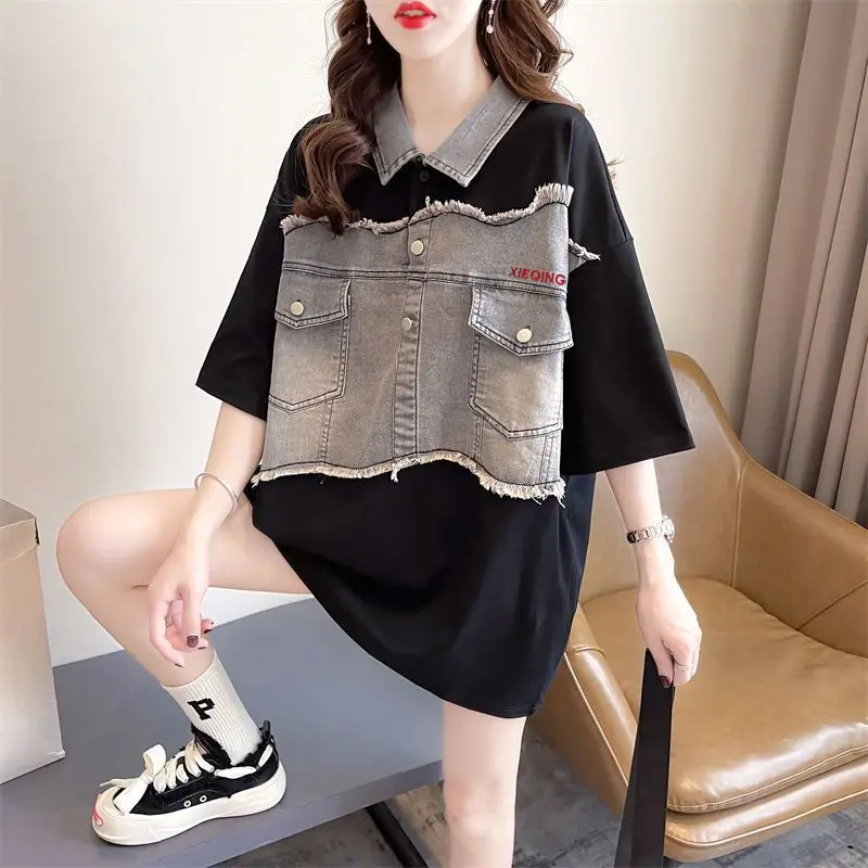 

Fashion Peter Pan Collar Pockets Tassel Fake Two Piece Blouse Female Clothing 2023 Summer New Oversized Casual Tops Korean Shirt