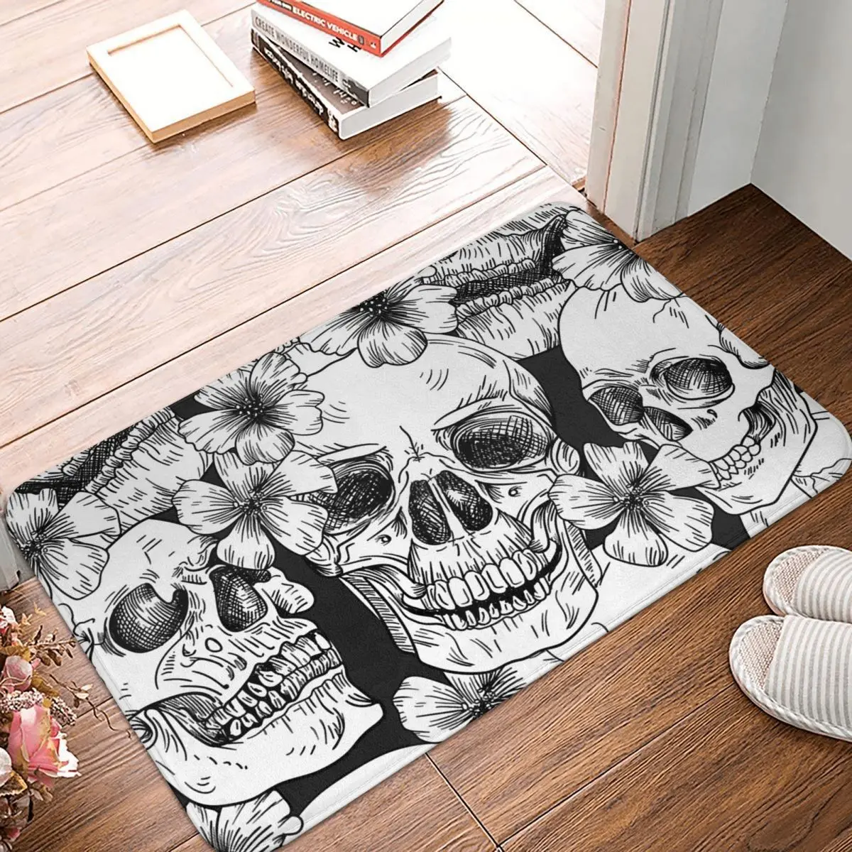 

Skeleton Skull Bone Non-slip Doormat Kitchen Mat Flower Pattern Hallway Carpet Welcome Rug Bedroom Decor