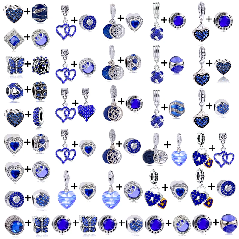 

2Pcs/Lot DIY Crystal Blue Butterfly Flower Beads With Pendent Fit Fashion Brand Charm Bracelets For Women Jewelry Making New