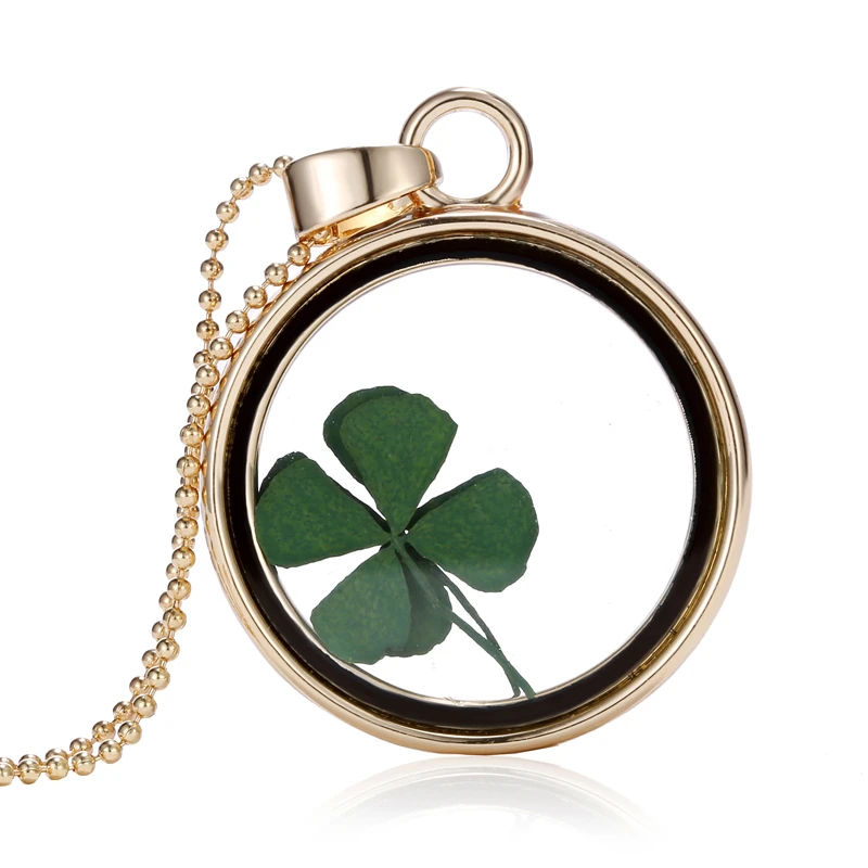 

Handmade Natural Real Dried Flower Lucky Four Leaf Clover Resin Round Glass Locket Pendant Necklace for Women Jewelry