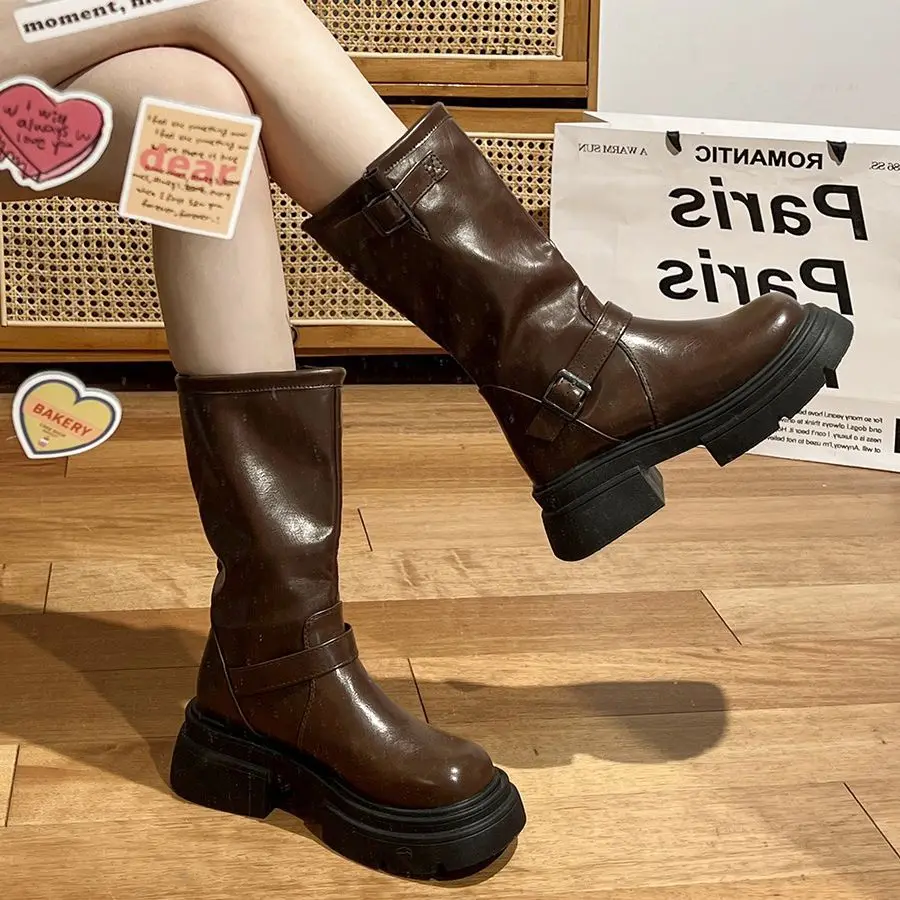 

Round Toe Rock Shoes Woman Lace Up Boots Boots-Women Clogs Platform Rubber 2023 Cowboy Ankle Ladies Lolita Autumn Med Hoof Heels