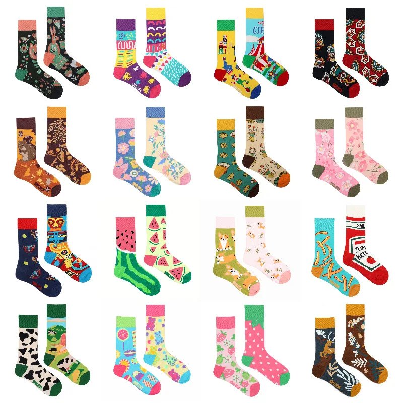 

New AB Fashion Asymmetrical Left and Right Foot Zebra Dog Cow Animal Cotton Middle Tube Men's Couple Sports Socks Women Long