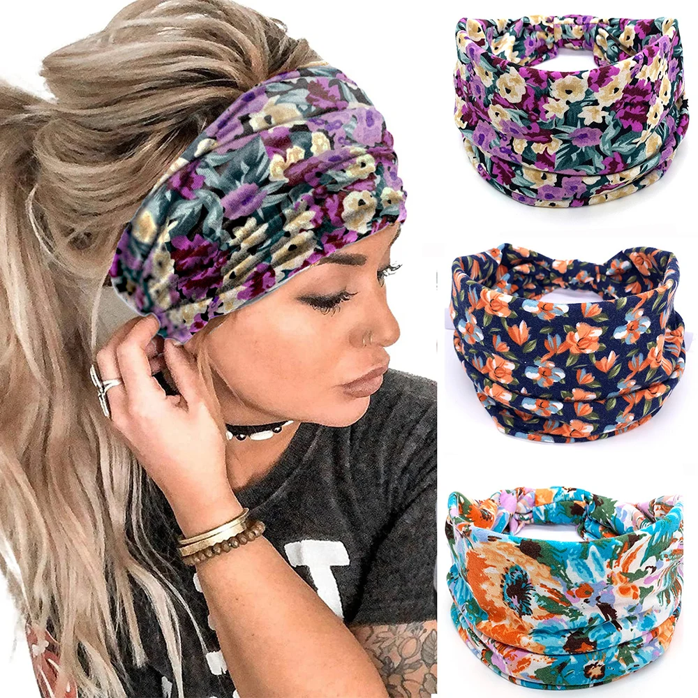 

Yoga Headband Flower Pattern Print Twist Style Elastic Hair Band Wide Cotton Stretch Hairbands Bandana Turban Knot Headwrap DIY