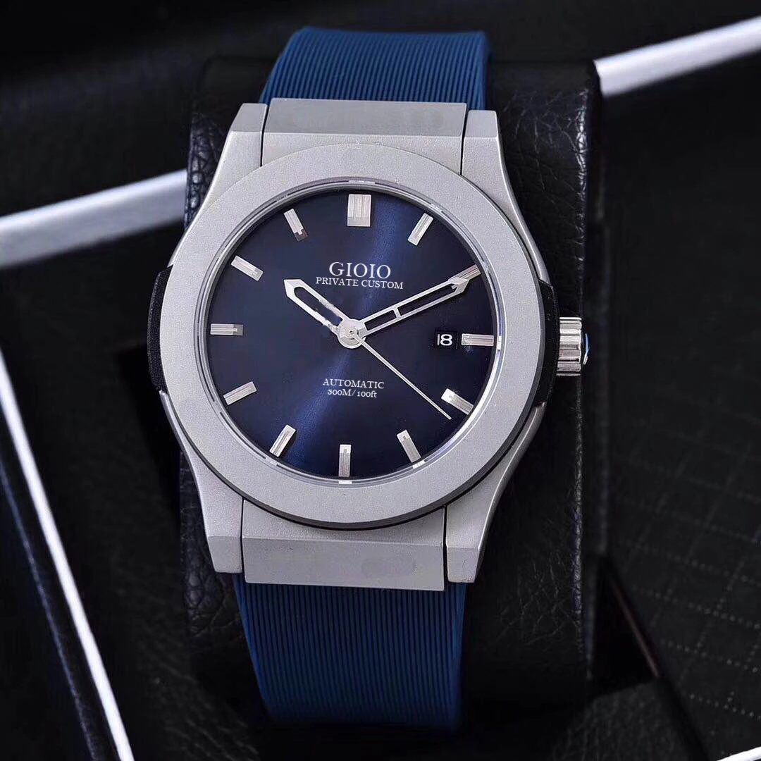 

men automatic mechanical watch black rubber blue