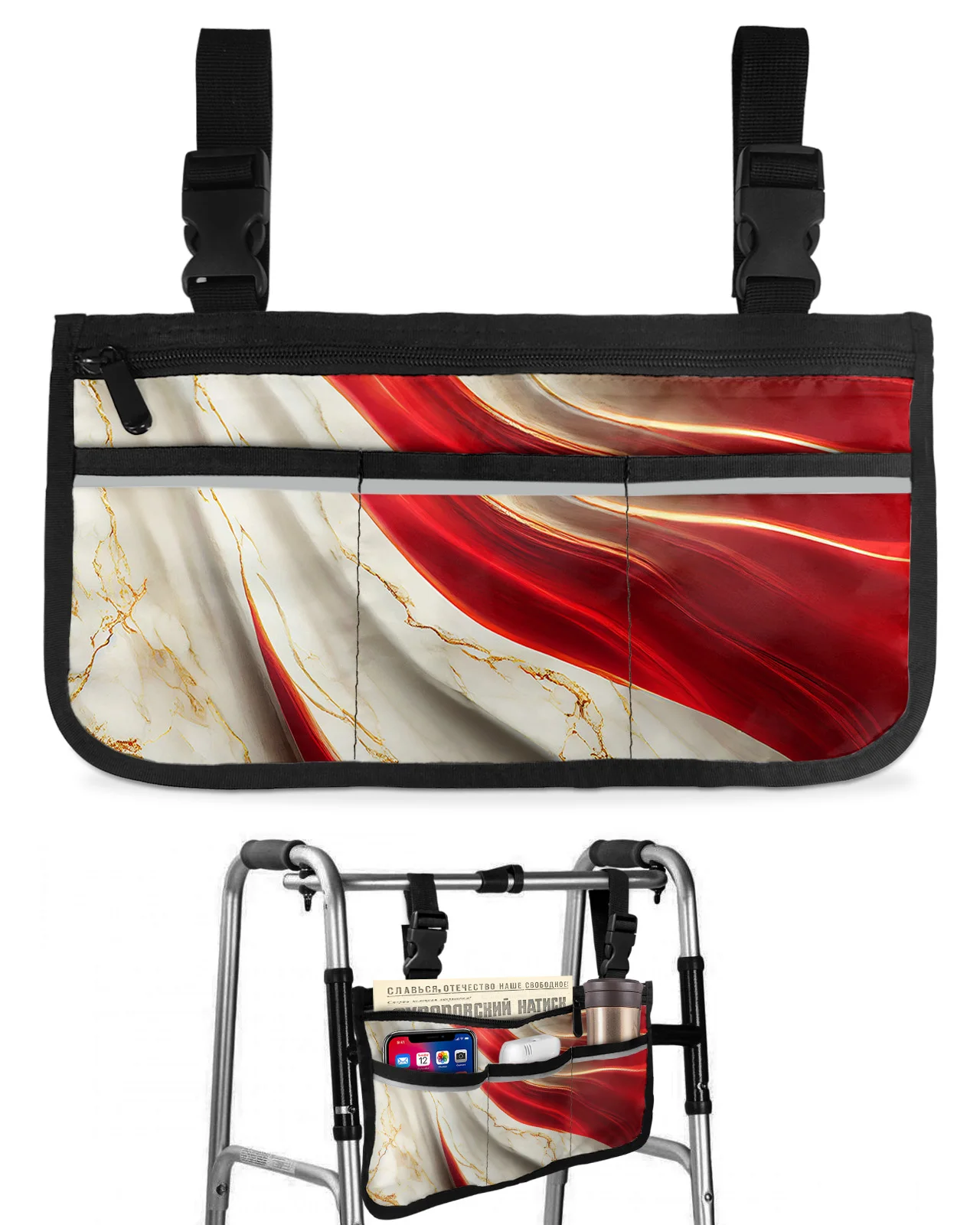 

Marble Texture Red Wheelchair Bag With Pockets Reflective Strips Armrest Side Bags Electric Scooter Walking Frame Storage Pouch
